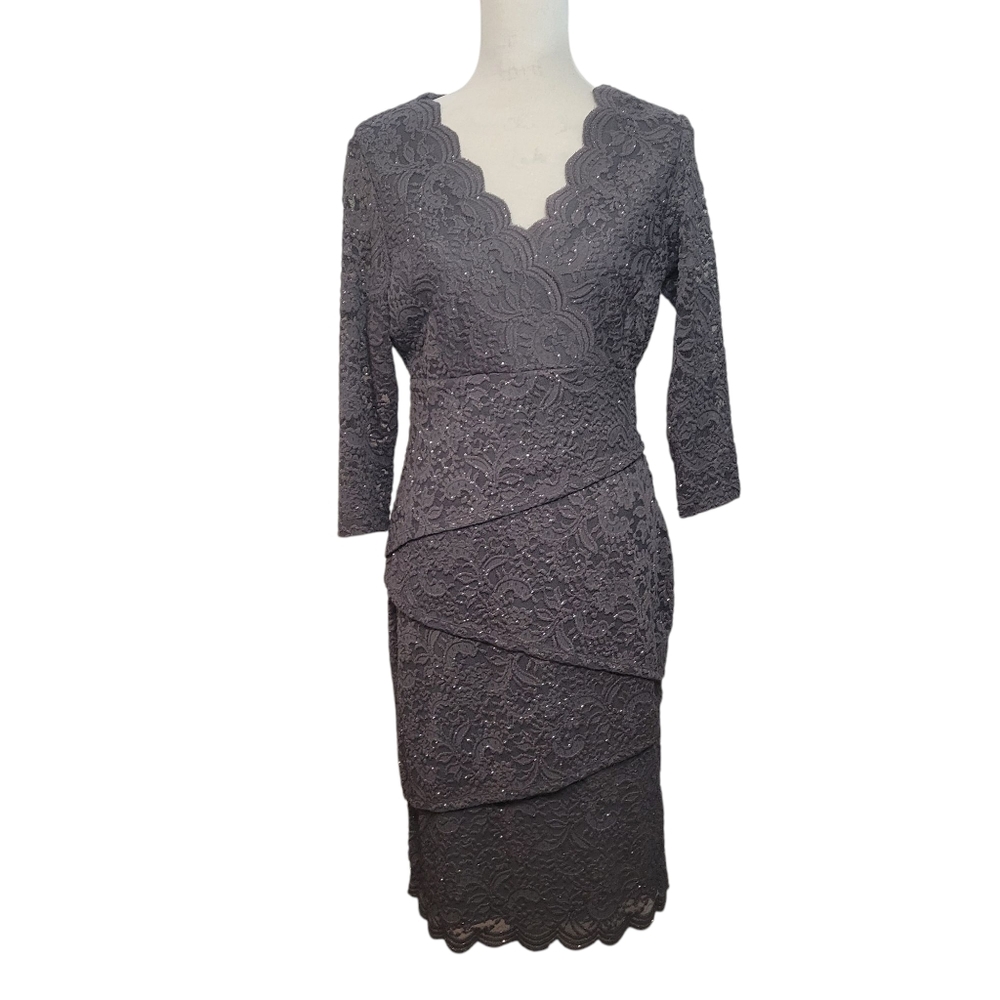 Ronni Nicole gray tiered glitter laced 3/4 sleeve dress women size 8
